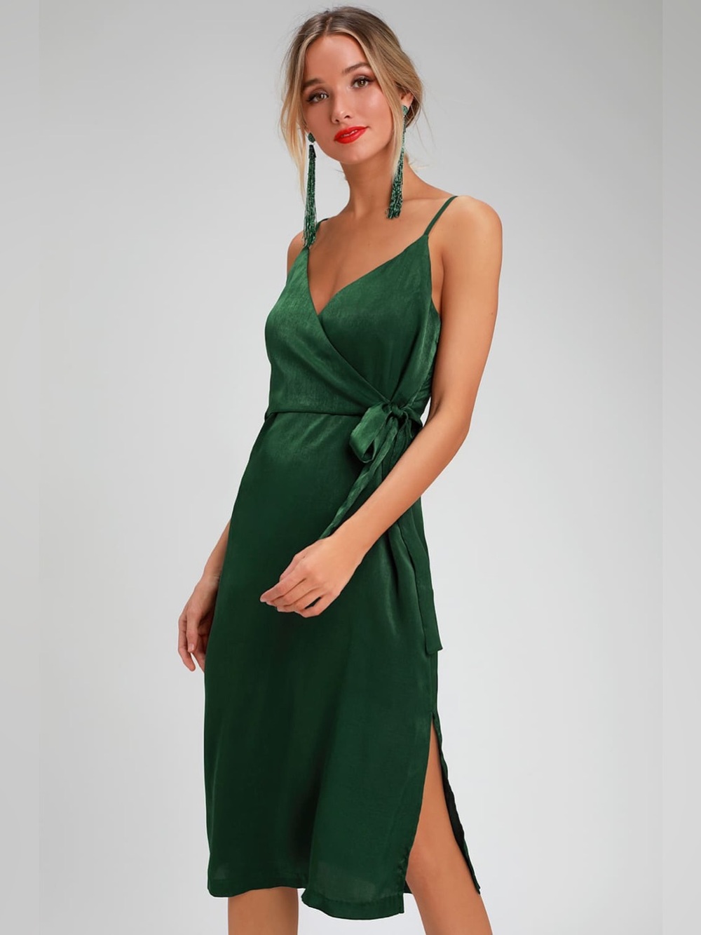 Lulus J.O.A. Fall In Love Forest Green Satin Midi Wrap Dress XS Jewel Tone